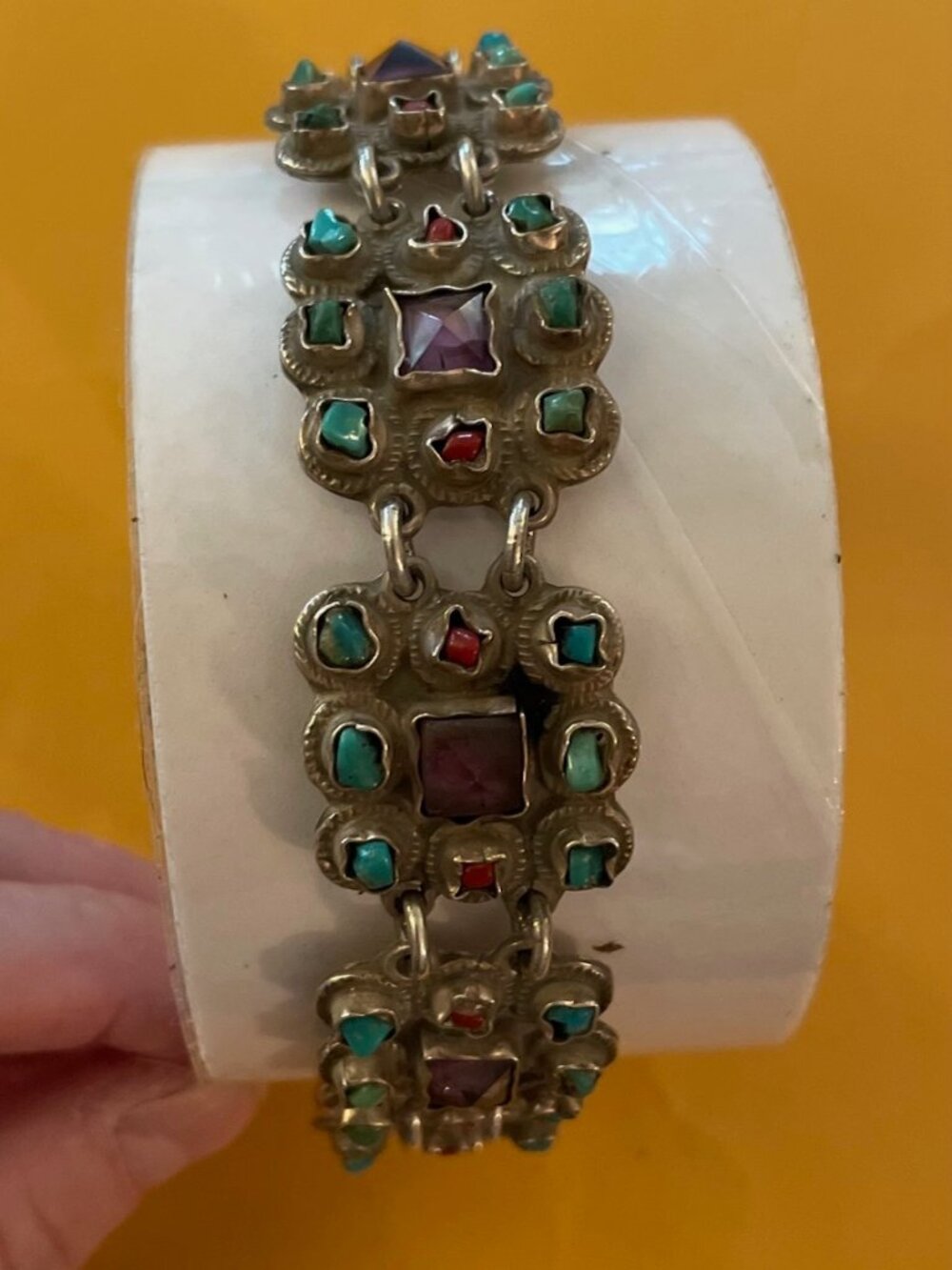 Vintage Sterling Bracelet Taxco MATL TP-102 MEXICO VALLADERES Amethyst Coral - Picture 11 of 14